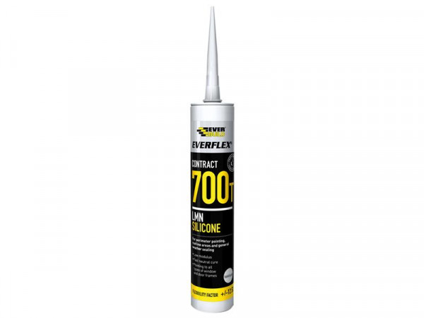 A 300ml cartridge of Everbuild white silicone sealant with a flexible cured finish, for sealing joints around kitchens, bathrooms, and windows.