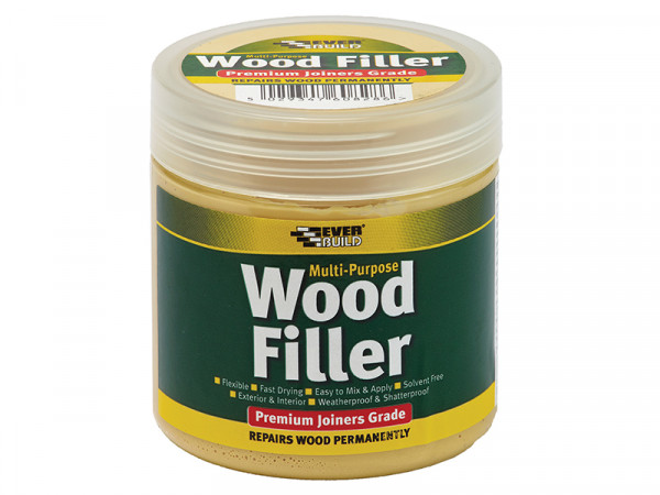 A tub of Everbuild ready-mixed filler with a smooth white consistency, for repairing cracks and holes in plaster, timber, and masonry.