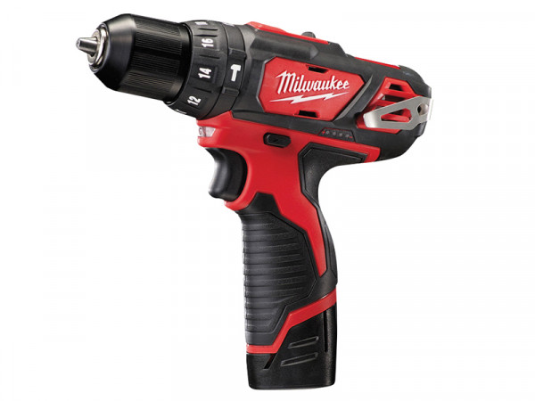 A red and black Milwaukee cordless combi drill with an 12V motor, a 13mm keyless chuck, and hammer, drill, and screwdriver modes.