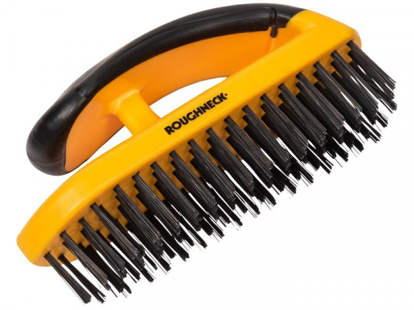 A wire brush with steel or brass bristle rows in a wooden or plastic handle, for removing rust, scale, and surface contaminants from metal.