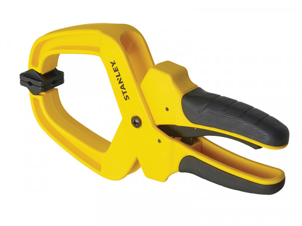 A Stanley clamp with an adjustable jaw and a screw-tightening mechanism, for holding workpieces in position during cutting, drilling, or bonding.