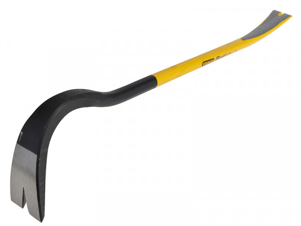 A hardened steel crowbar with a curved prying end and a pointed chisel tip, designed for levering, prying, and demolition work.