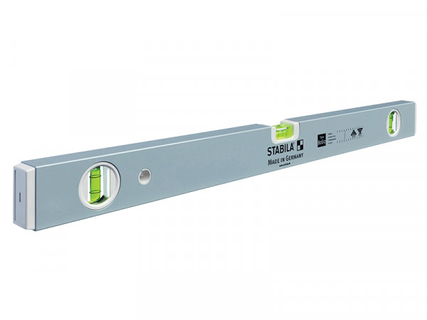 A silver Stabila spirit level with two bubble vials, one on the end and one in the middle, placed on a white background.