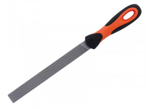 A flat metal file with a textured surface for smoothing or shaping, featuring a black and orange ergonomic handle.