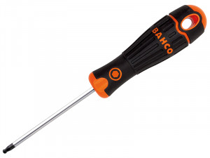 A black and orange Bahco screwdriver with a textured handle and a metal shaft, lying on a white background.