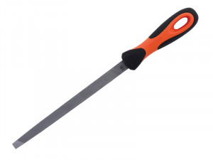 A flat metal file with a black and orange ergonomic handle, designed for filing and smoothing surfaces. The file is rectangular and tapers slightly, with a hole at the end of the handle for hanging.