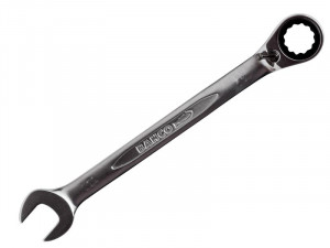 A metal combination wrench with an open-ended jaw on one side and a ratcheting ring on the other, with the brand name “BAHCO” engraved on the handle.