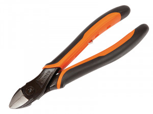 A pair of diagonal cutting pliers with black and orange handles, designed for cutting wires and cables. The jaws are angled and sharp, suitable for precise cutting tasks.