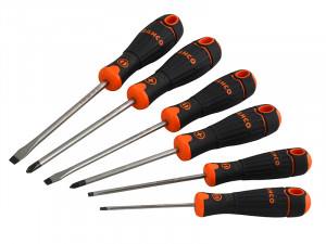 A set of six screwdrivers with black and orange handles, arranged in size order. The set includes both flathead and Phillips head screwdrivers.