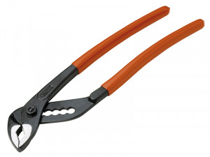 A pair of adjustable groove joint pliers with black metal jaws and orange rubber-coated handles, shown against a white background.