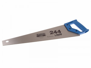 A hand saw with a silver blade and a blue plastic handle, labeled Bahco 244. The blade has fine teeth and a hole near the tip for hanging.