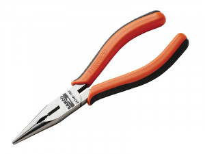 A pair of long-nose pliers with orange and black handles and a silver metal tip, used for gripping, bending, and cutting small objects or wires.