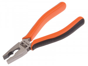 A pair of Bahco combination pliers with orange and black handles, featuring a metal gripping and cutting head.