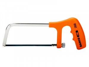 A small hacksaw with a silver metal frame, an orange plastic handle, and a black blade. The handle features branding and product information in black text.