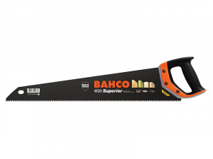 A Bahco hand saw with a black blade, orange and black ergonomic handle, and fine teeth, displayed on a white background. The blade has product branding and usage information printed on it.