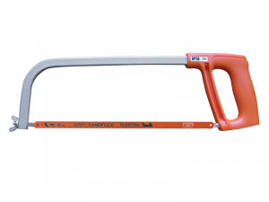 A metal hacksaw with an orange handle and an orange blade labeled Sandflex Bi-metal, designed for cutting metal materials.