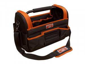 A black and orange tool bag with a handle, shoulder strap, open top, and multiple exterior and interior pockets. The bag features the Bahco brand logo on the front and shoulder strap.