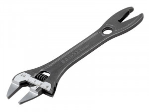 A metal adjustable wrench with a built-in scale for measurements and a jaw that can be widened or narrowed, featuring a hole at the handles end and a toothed grip opposite the wrench head.