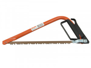 A bow saw with an orange metal frame, a straight blade with large teeth, and a black plastic handle for gripping.
