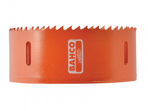An orange Bahco hole saw with sharp teeth around the edge and rectangular cutout slots on the side, featuring the Bahco logo in white.