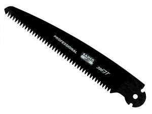 A black, curved Bahco professional saw blade with sharp teeth and a mounting hole at one end, labeled Bahco 396-JT and Professional on the blade.