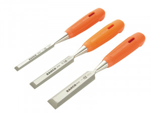 Three chisels with orange handles and metal blades, arranged side by side. Each chisel is labeled BAHCO and varies in blade width. The handles are ribbed for grip and have a hole at the end.