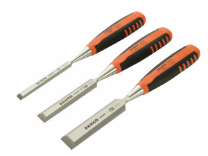 Three wood chisels with orange and black handles laid side by side. Each chisel has a different blade width and the brand name “BAHCO” is visible on the metal blade of each tool.,