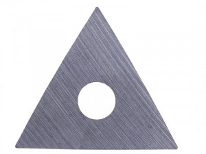 A metallic triangular plate with a brushed texture and a circular hole in the center, set against a white background.