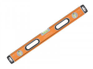 An orange spirit level tool with three bubble vials and two black handles, shown at a diagonal angle on a white background.
