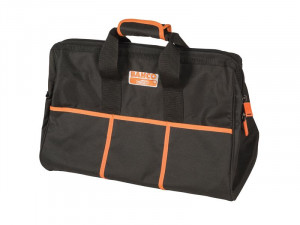 A black Bahco tool bag with orange trim, three exterior front pockets, and black handles. The bag has a zippered top and a Bahco logo label on the front.
