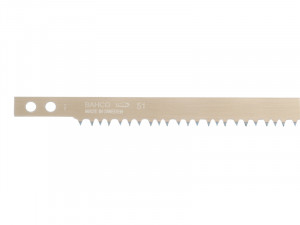 A close-up of a Bahco saw blade with sharp teeth, metallic finish, and two holes on the left end. The text Bahco 51 Made in Sweden is engraved on the blade.