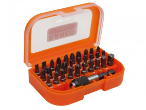 A small orange plastic case with a clear lid holds various screwdriver bits and a bit holder, neatly organized in rows. The brand BAHCO is visible on the inside of the lid.