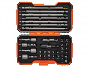 An open orange case displaying a set of assorted screwdriver bits, long hex bits, socket adapters, and sockets, each organized in labeled slots inside a black foam insert.