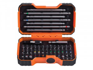 An open orange and black plastic tool case displaying various screwdriver bits, extensions, and attachments neatly organized in rows.