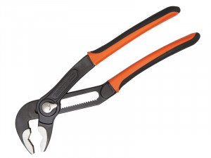 A pair of tongue-and-groove pliers with black metal jaws and handles covered in orange and black rubber grips, positioned diagonally on a white background.