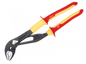 Insulated adjustable pliers with red and yellow handles, designed for electrical work up to 1000V; black metal jaws feature a slip joint for gripping various objects.