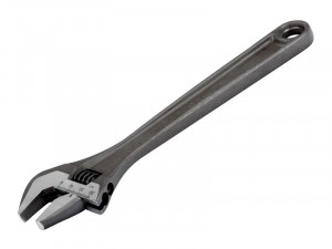 A silver adjustable wrench with a wide handle and an open jaw, photographed on a white background. The tool has a turning mechanism to adjust the size of the jaw opening.