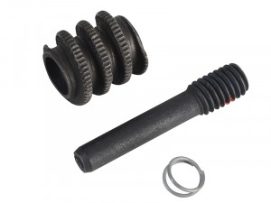 Three automotive parts on a white background: a helical gear, a cylindrical rod with a threaded end, and a small metal retaining clip or spring.