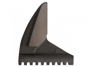 A close-up of a metallic turbine blade with a serrated base, smooth angled surfaces, and a sharp edge. The blade appears to be a precision-engineered component, likely used in aviation or industrial machinery.