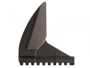 A close-up of a metal component shaped like a fin or blade, with a serrated edge at the bottom and a smooth, angled surface. The texture varies between rough and polished.