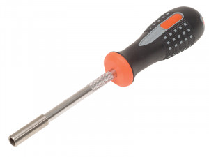 A metal nut driver with a knurled shaft and a black and orange handle featuring a textured grip and grid pattern, positioned against a white background.
