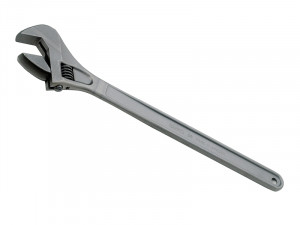 A silver adjustable wrench with a long handle and a movable jaw, shown on a white background.