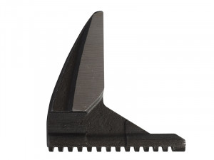 A close-up view of a black, serrated metal object with a sharp, curved blade and a notched base, isolated on a white background.