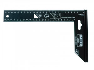 A black Bahco steel try square with metric measurements, marked with angles of 45° and 90°, used for measuring and marking right angles in carpentry and metalwork.