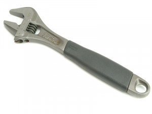 A metal adjustable wrench with a black rubber handle, shown on a white background. The wrench has a crescent-shaped jaw that can be widened or narrowed using a thumbwheel.