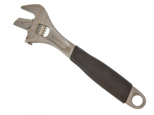 A silver adjustable wrench with a black rubber handle is shown on a white background. The wrench has a thumbwheel for adjusting the jaw size and a hole at the end of the handle.,