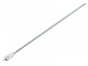 A long, silver spade drill bit with a flat, paddle-shaped cutting end and a pointed tip, designed for drilling large holes in wood.