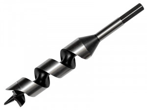 A close-up view of a metal auger drill bit with a spiral design and a screw tip, used for drilling holes in wood. The drill bit is positioned diagonally on a white background.