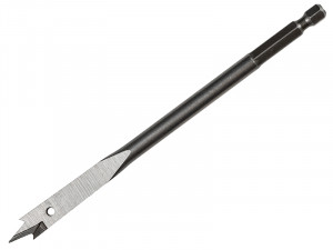 A metal spade drill bit with a hex shank, angled tip, and flat blade designed for drilling large holes in wood.