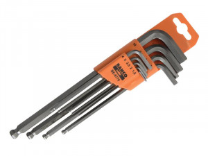 A set of long-arm hex keys (Allen wrenches) in various sizes, held together by an orange plastic holder labeled BAHCO. The holder has a hole for hanging.